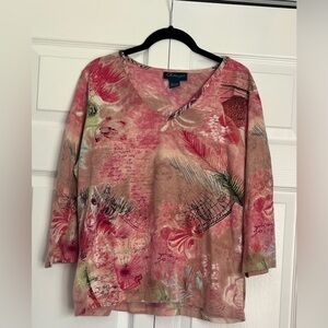 Artscapes 3/4 Sleeved Pink World Design V Neck Top